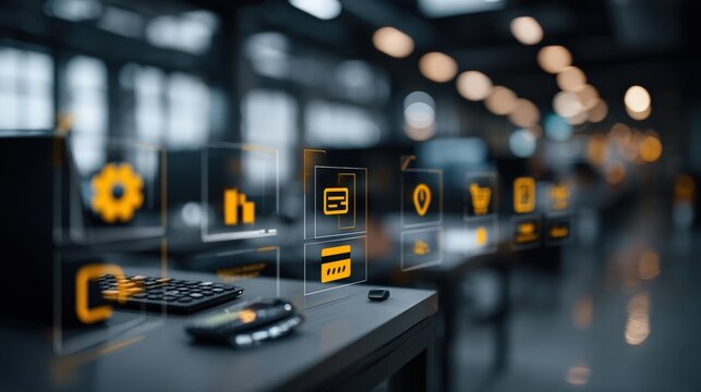 Futuristic holographic interface displaying data and analytics on a desk in a modern office setting, representing technology and innovation - Powered by Adobe
