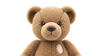 Obraz premium Closeup portrait of a cute, fluffy brown teddy bear toy with a soft texture and a small patch its chest, isolated a