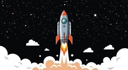 A cartoon rocket ship blasting off into a starry night sky with clouds