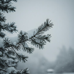 Obraz premium Winter Scene: A serene evergreen branch, adorned with a pristine coat of snow, reaching out under a cloudy, crisp sky.