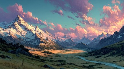 Majestic snowcapped mountain range bathed in golden hour light with dramatic clouds painting the sky in a breathtaking alpine vista