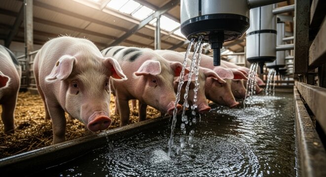 Curious Piglet Looks Up from a Sunlit Watering Trough on a Modern Farm