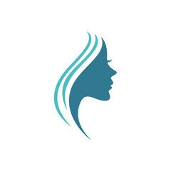 Teal silhouette of a woman's profile with flowing hair blue