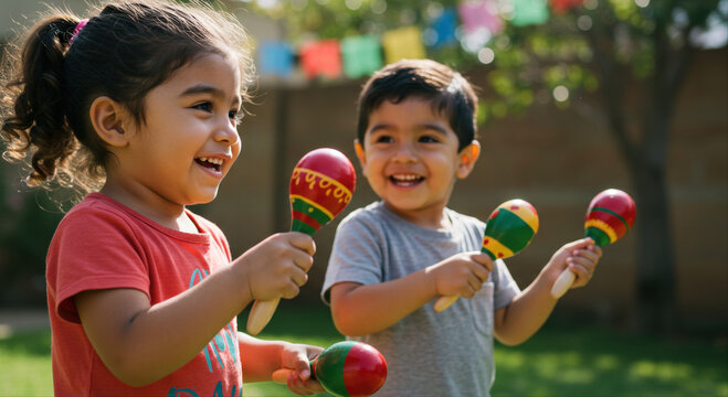 Two latino kids smiling and playing with maracas in backyard garden  
