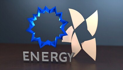 A 3D model of a , featuring a fractured, light beige design element juxtaposed against a vibrant blue starburst design, all positioned above the word "energy" on a dark wooden surface.