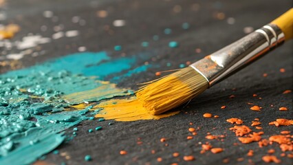 Fototapeta premium Artistic Expression Close-Up of a Paintbrush with Vibrant Colors on a Dark Surface Showcasing Creativity and the Beauty of Artistic Mediums