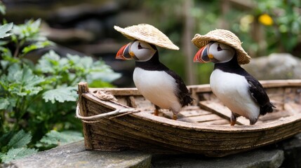 Fototapeta premium Two puffins in straw hats on a small boat