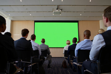 Diverse Business Professionals Watching a Green Screen
