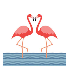 Two pink flamingos facing each other in blue water birds