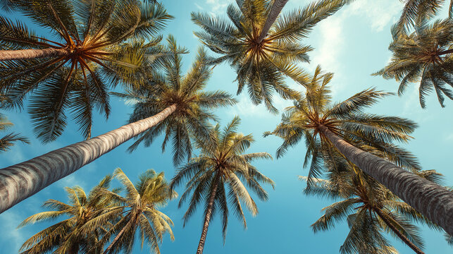 Blue sky and palm trees, view from below, vintage style, tropical beach and summer background, travel concept - Powered by Adobe