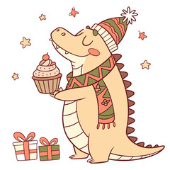 Warm Cozy colored Crocodile with a Dreamy touch, placed in a Christmas theme and styled with holding a cupcake