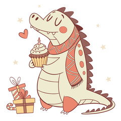 Warm Cozy colored Crocodile with a Dreamy touch, placed in a Christmas theme and styled with holding a cupcake
