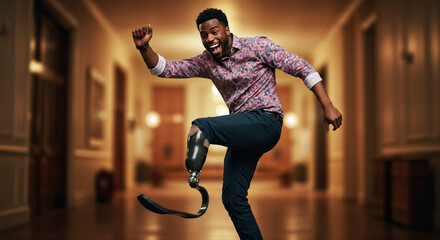 man with prosthetic leg dancing. Young black male celebrating with prosthetic leg indoors  