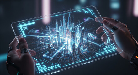 Futuristic Cityscape on Holographic Tablet - Digital Technology Concept Design