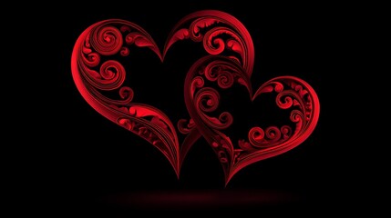 Two ornate, red hearts intertwined, detailed with swirls, on a black background