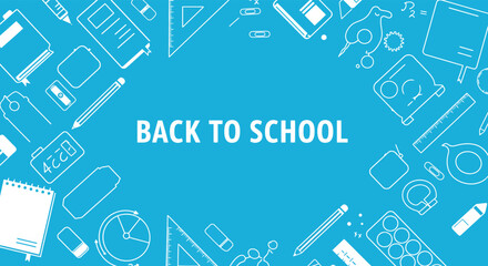 Back to school concept with various educational tools and supplies on blue background