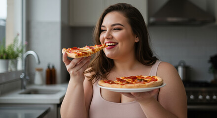 Plus-size woman enjoying pizza slice in modern kitchen setting