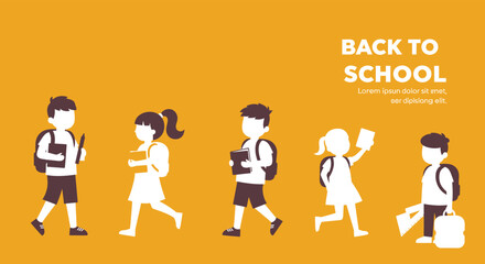 Children walking to school with backpacks and books on a bright yellow background