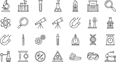 Obraz premium Science and laboratory line icons set, featuring essential equipment for chemistry, biology, and physics research