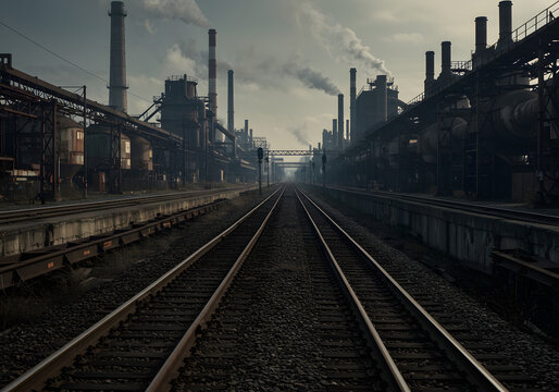 Industrial Landscape: A stark view of a vast industrial complex. The image features parallel train tracks that lead towards a blurred horizon framed by towering factories emitting smoke into the sky.