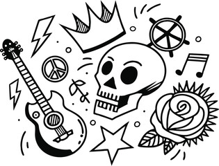 Fototapeta premium Black and white punk skull with guitar, roses and peace signs, Rebellious music inspired tattoo art for rock and roll concepts.