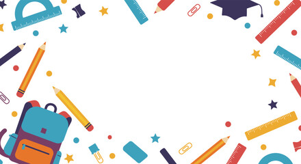 Colorful school supplies and graduation items border frame for education background