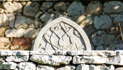 Ornate, light-colored stone carving, set against a textured stone wall, displays intricate designs and reveals a sense of history.