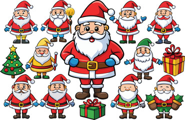 Fototapeta premium Vector art of group of cheerful santa claus figures and christmas trees with presents