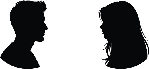 Silhouette of man and woman facing each other, profile view illustration, couple relationship concept, communication, conversation, black vector art on white background