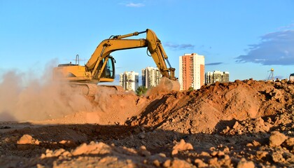 Obraz premium Urban Transformation: A Yellow Excavator Digs a Foundation Amidst Dust and City Buildings
