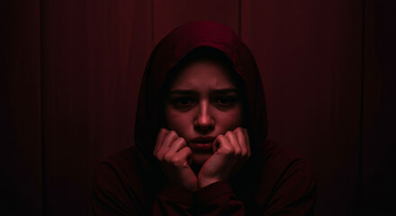 Sad young woman with a hood looking distressed in a dark red atmosphere