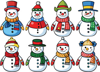 Vector art of collection of eight cute cartoon snowmen wearing hats and scarves