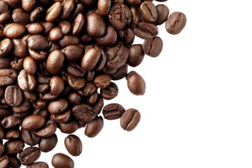 Close-up of roasted coffee beans, piled high and angled