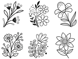 Minimalist flower and leaf outline, Monochrome nature icons for tattoos, coloring books or textile design.