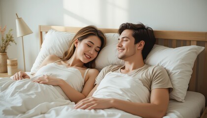 Fototapeta premium Happy young couple relaxing in bed, enjoying time together in the morning