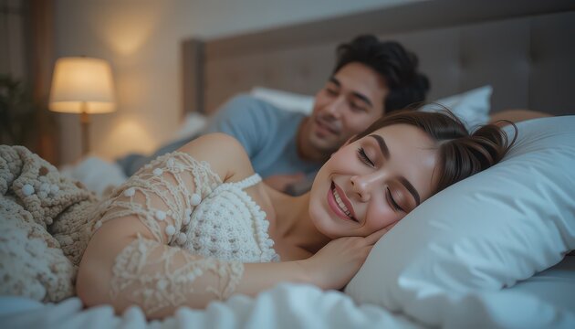 Young couple relaxing in bed at home, enjoying time together in the morning