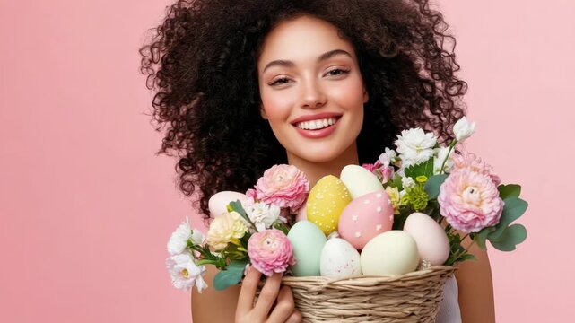 Smiling woman holding easter basket with colorful eggs and flowers on pink background