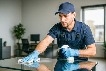 Professional cleaner in uniform wiping office desk with spray bottle and cloth, workplace sanitation and hygiene maintenance, janitorial staff cleaning glass surface in modern business environment