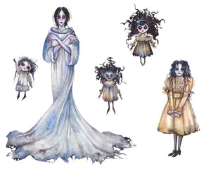 Watercolor illustration of ghosts of women and children, horror illustration