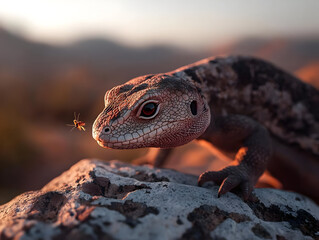 Close Up Lizard On Rock At Sunset
