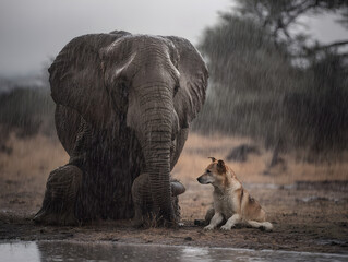 Fototapeta premium elephant and dog sit under the rain