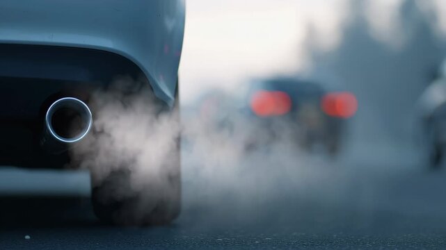 Exhaust pipe emitting smoke from car on cold morning with blurred traffic, red brake lights, and vehicle pollution creating chilly atmosphere
