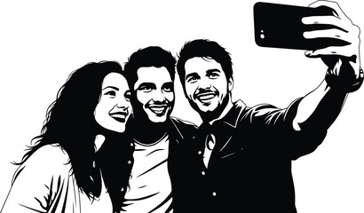 Group of friends taking selfie, capturing happy moments together, celebrating friendship and enjoying fun time with phone, sharing memories online
