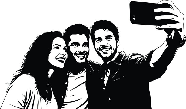 Group of friends taking selfie, capturing happy moments together, celebrating friendship and enjoying fun time with phone, sharing memories online