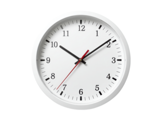 White Round Wall Clock with Black Numbers and Hands on Black Background time timepiece, Isolated, Png Transparent Background