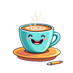 Cute cartoon coffee cup with happy face isolated on transparent background design