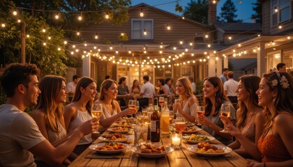A group of friends celebrating at a dinner party with string lights outdoor