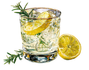 Refreshing gin and tonic in a glass, garnished with lemon and rosemary