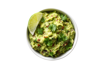 Delicious guacamole in a white bowl isolated on transparent background
