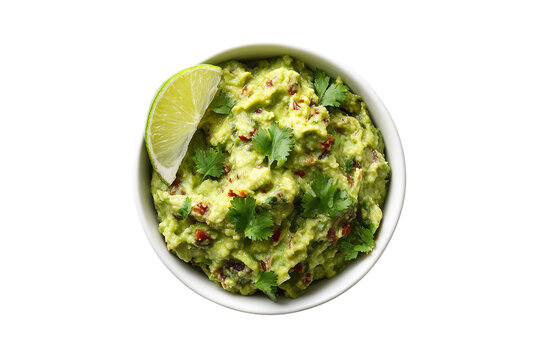 Delicious guacamole in a white bowl isolated on transparent background